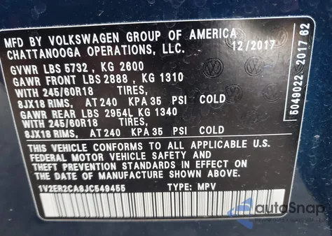 2018 Volkswagen Atlas 3.6L V6 Sel from USA, damaged, VIN 1V2ER2CA8JC549455